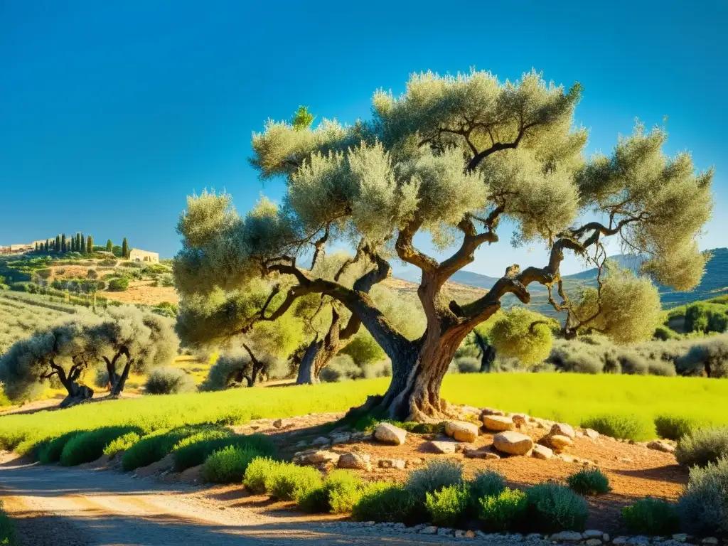 Un olivar mediterráneo tradicional, con árboles centenarios proyectando sombras en la tierra bañada por el sol