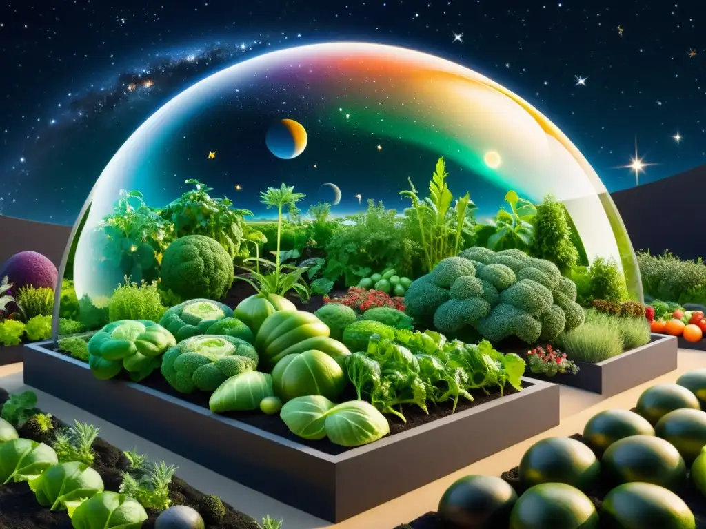 Un jardín orgánico en el espacio, con variadas plantas y frutas en domos transparentes, contrastando con el cosmos