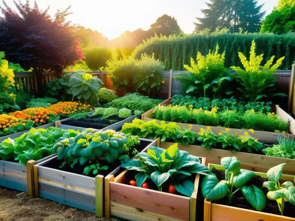 Jardín orgánico exuberante y vibrante con hortalizas y frutas coloridas en crecimiento, bañado por el cálido sol