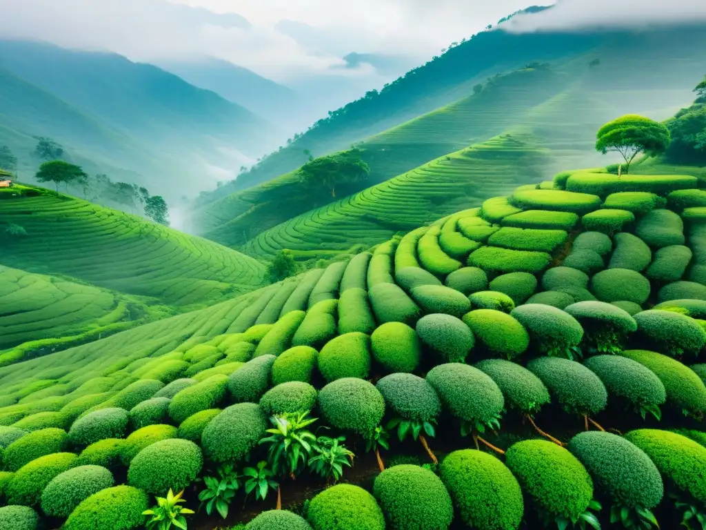 Plantación de té orgánico en la montaña, con hojas verdes vibrantes