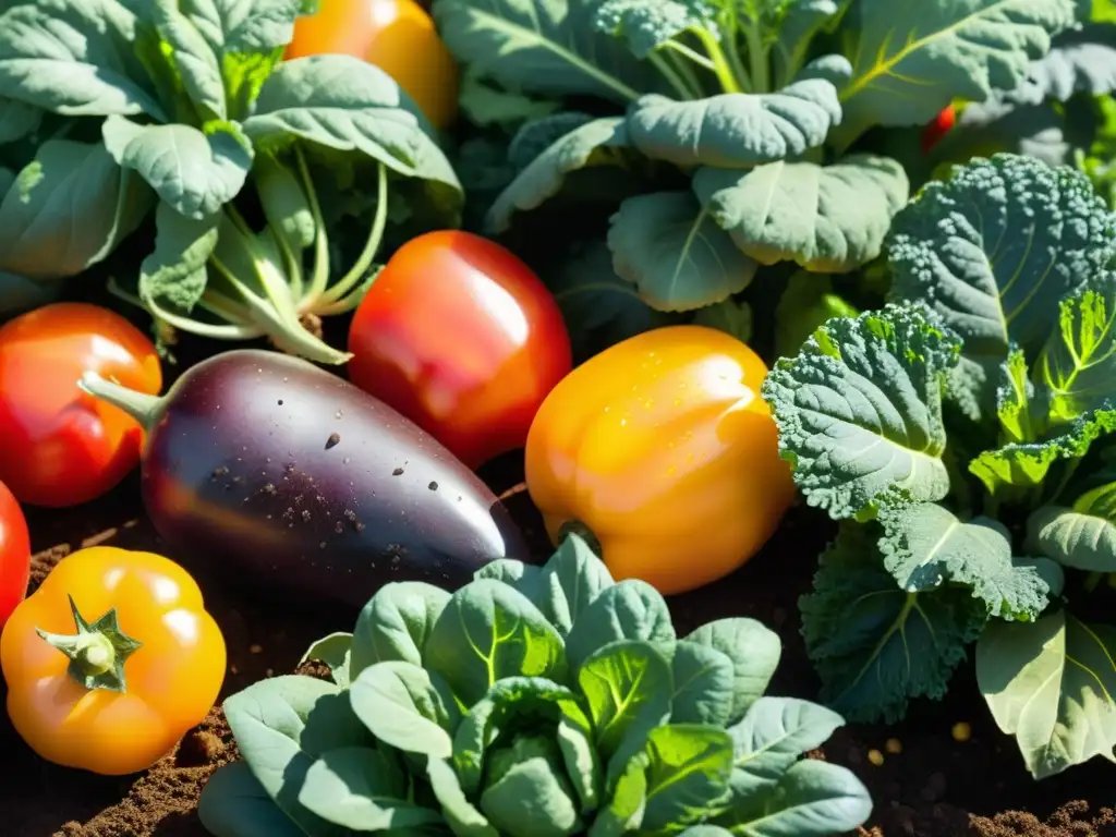 Jardín orgánico con hortalizas frescas y vibrantes, destacando los beneficios de alimentos orgánicos para salud