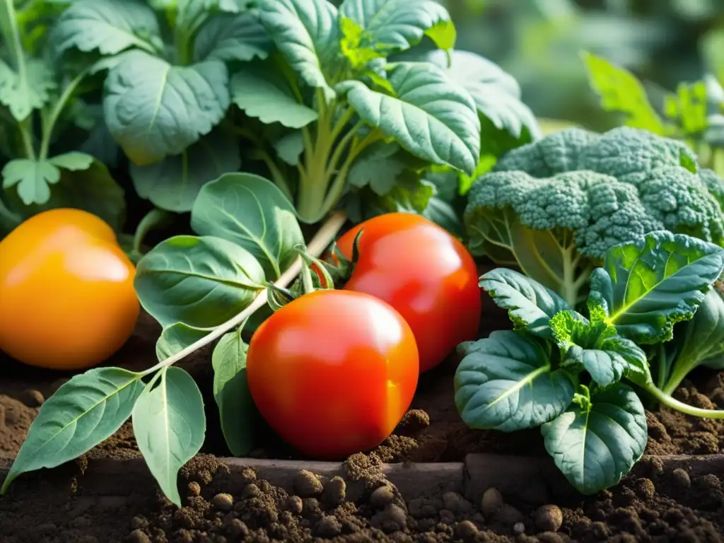 Un jardín orgánico rebosante de vida y color, con tomates, kale, pimientos y zanahorias