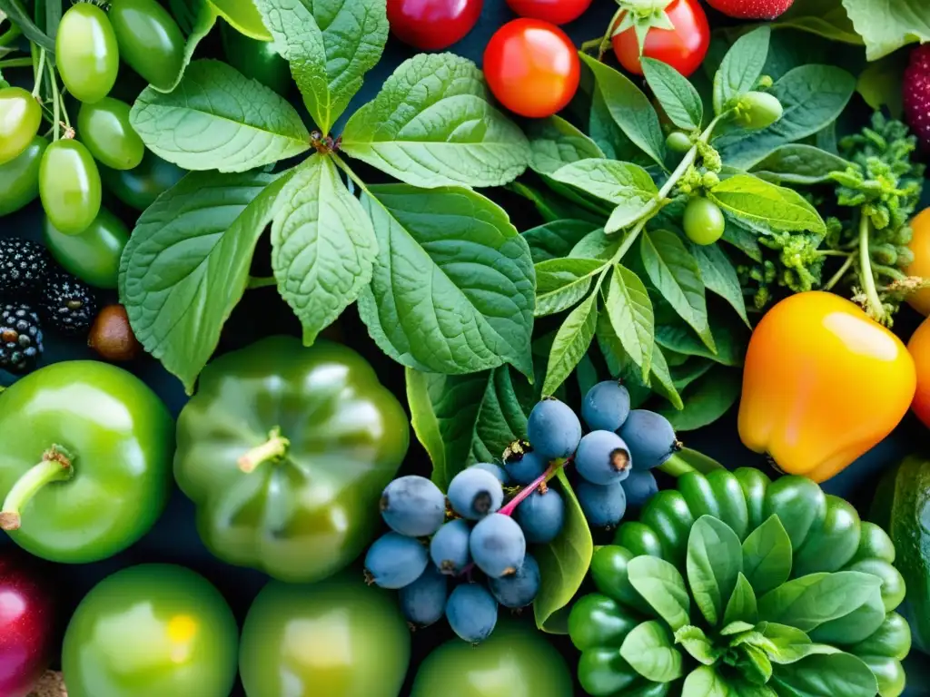 Un jardín orgánico repleto de frutas y verduras coloridas, brillantes con rocío, con abejas y mariposas