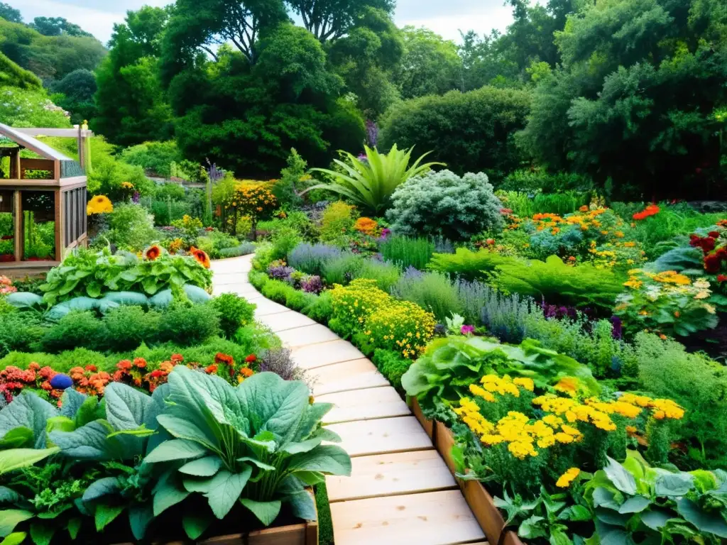 Jardín orgánico con vegetales, frutas y hierbas en un entorno exuberante, sostenible y lleno de vida, con invernadero al fondo