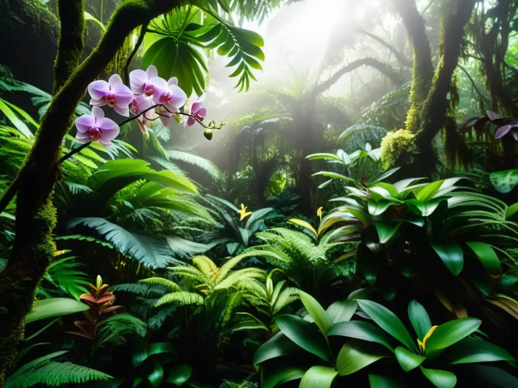 Varias orquídeas coloridas entre la exuberante vegetación de la selva, resaltando la importancia de orquídeas en biodiversidad selvática