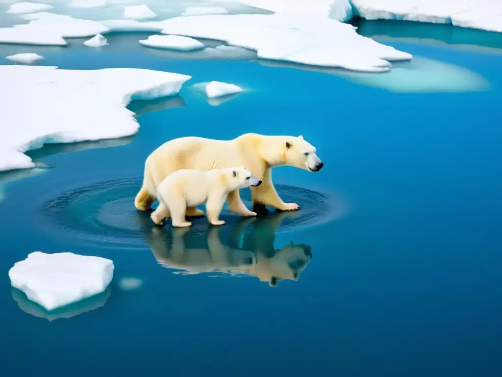 Una osa polar y sus dos crías nadando en un deshielo ártico, con paisaje ártico al fondo