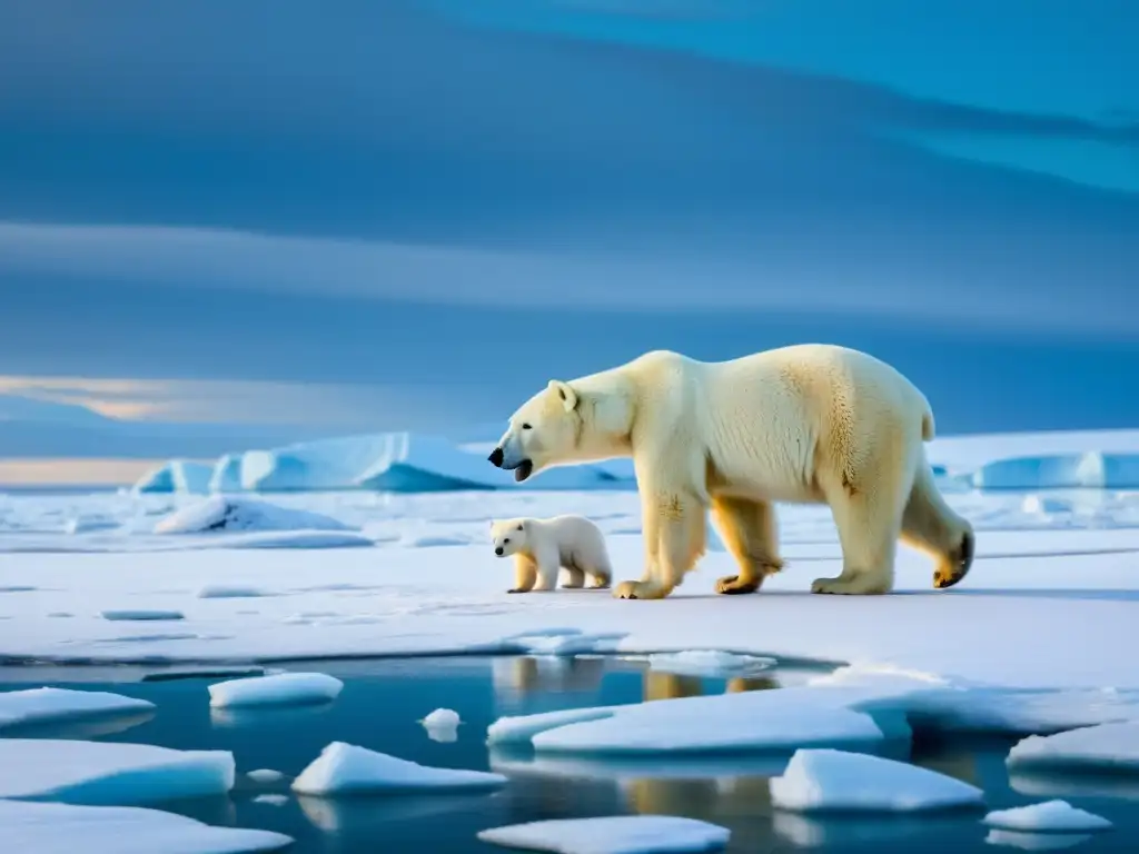 Exploración ártica: osos polares en la vasta tundra helada Una osa polar y sus crías recorren el gélido paisaje ártico, destacando la fragilidad del ecosistema