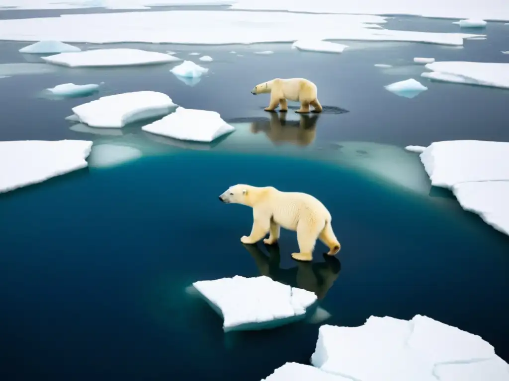 Una osa polar y sus crías navegan entre el hielo derretido del Ártico, simbolizando el impacto del cambio climático en la vida silvestre