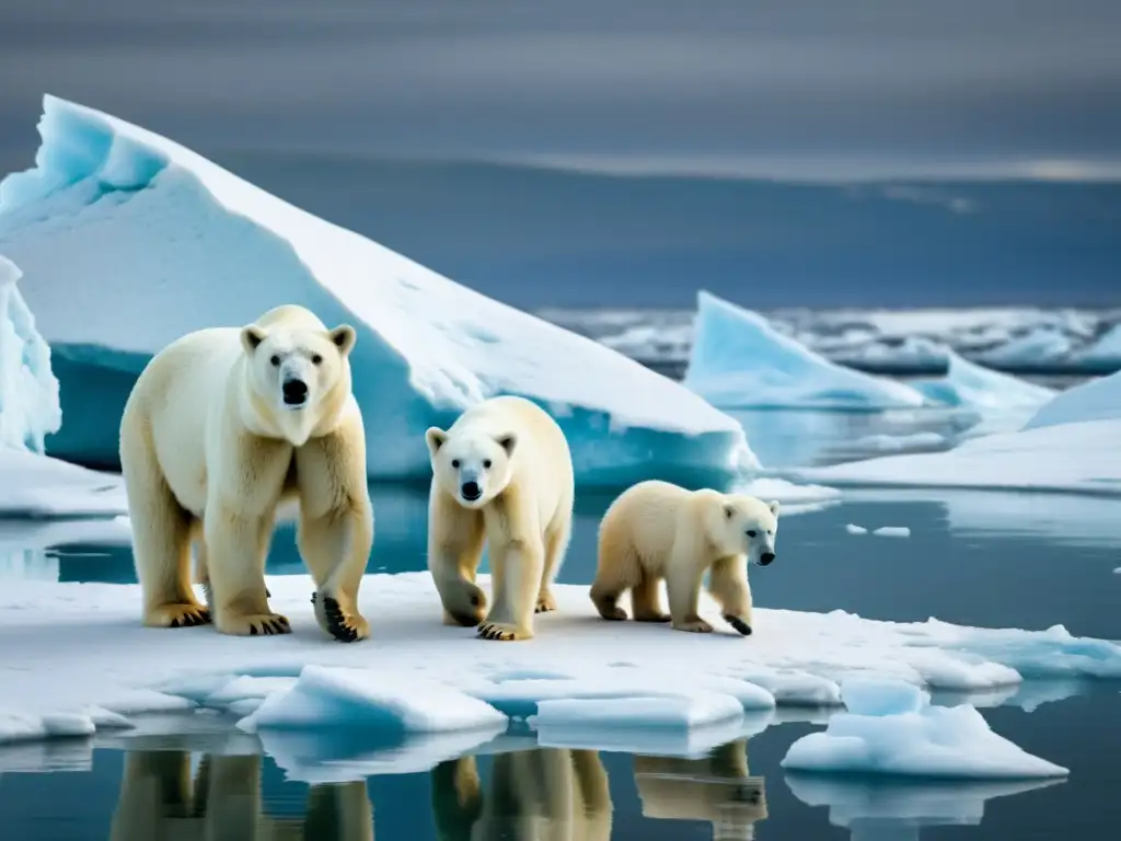 Una osa polar y sus crías navegan por el hielo derretido en el Ártico, con un paisaje vasto y desolado de fondo