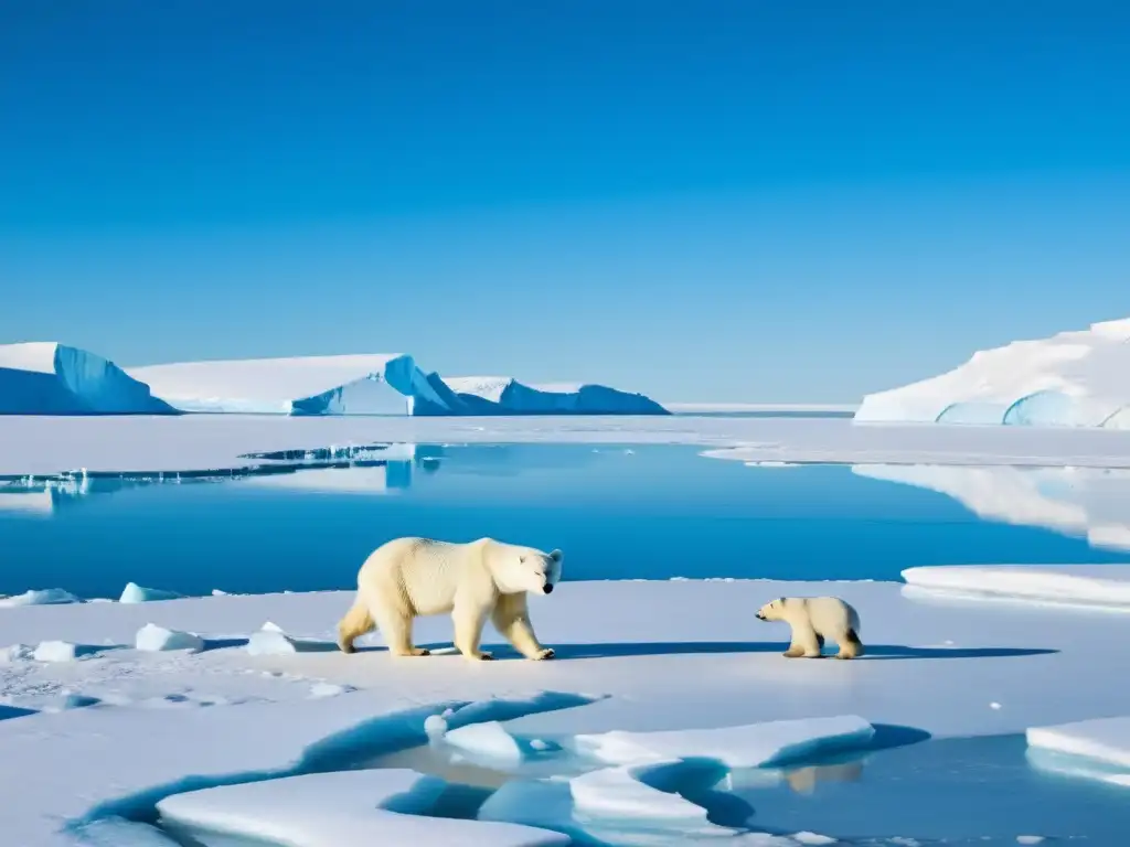 Una osa polar y sus crías caminan sobre el hielo ártico mientras un glaciar se alza al fondo