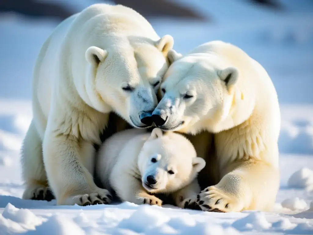 Una osa polar acaricia a sus crías mientras juegan en la nieve del Ártico, transmitiendo un vínculo íntimo y cálido en su ecosistema polar