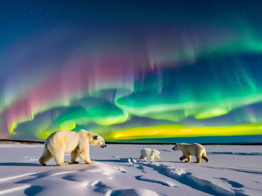 Una osa polar y sus crías atraviesan la tundra ártica nevada bajo la aurora boreal, mostrando la conservación fauna ártica en páramos