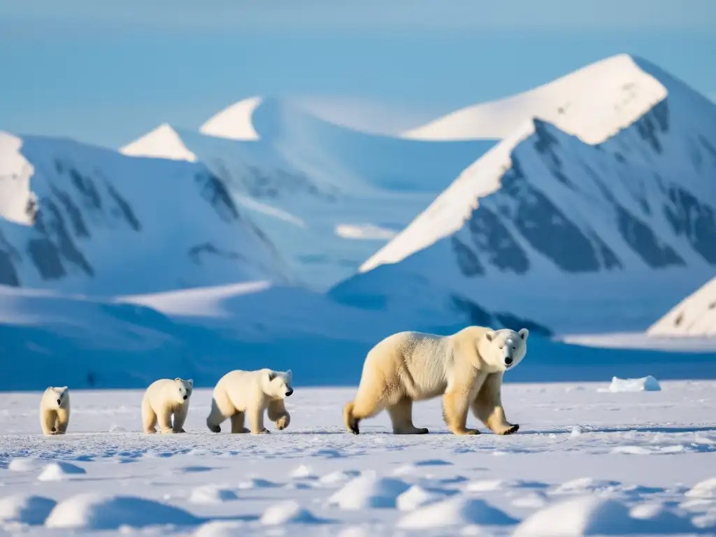 Una osa polar y sus crías exploran la tundra ártica, mostrando la adaptación de plantas y animales psicrófilos en su entorno extremo