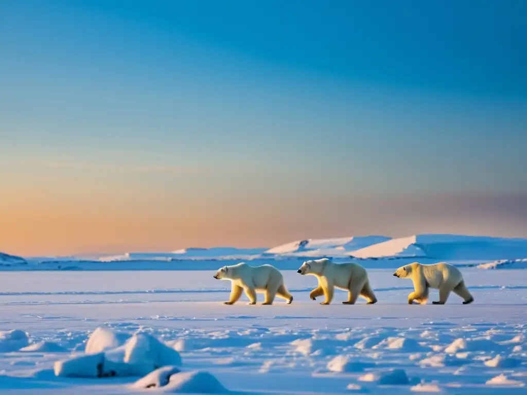 Una osa polar y sus crías cruzan la tundra helada en el Ártico al atardecer, en contraste con la amenaza de caza furtiva en ecosistemas polares