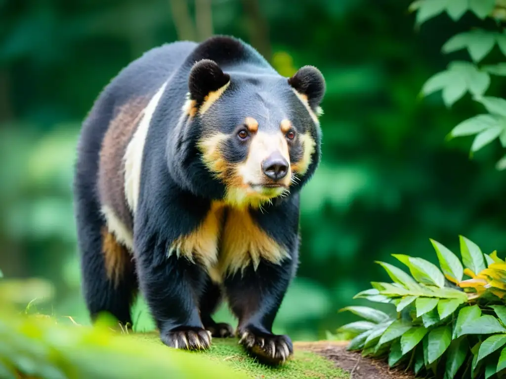 Un oso de anteojos entre la exuberante vegetación andina, con su pelaje iluminado por el sol