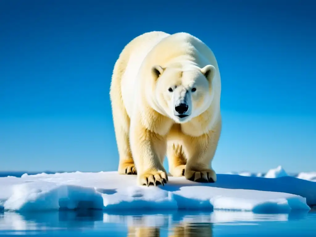 Un oso polar de cerca en el Ártico, con su pelaje blanco brillante contrastando con el océano y el cielo azul