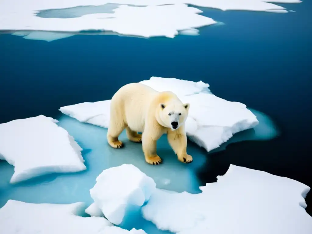 Un oso polar atrapado en un iceberg con hielo derretido, reflejando desesperación por el impacto del cambio climático en las cadenas tróficas