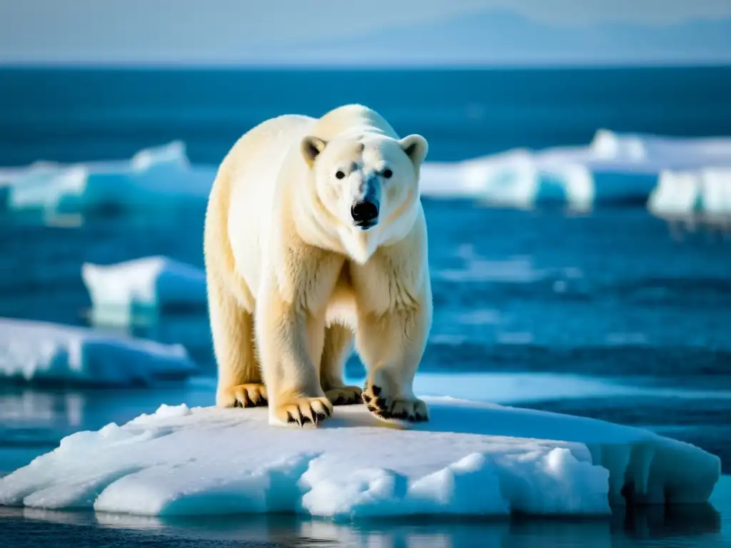 Un oso polar en una banquisa derretida, con el vasto océano Ártico de fondo