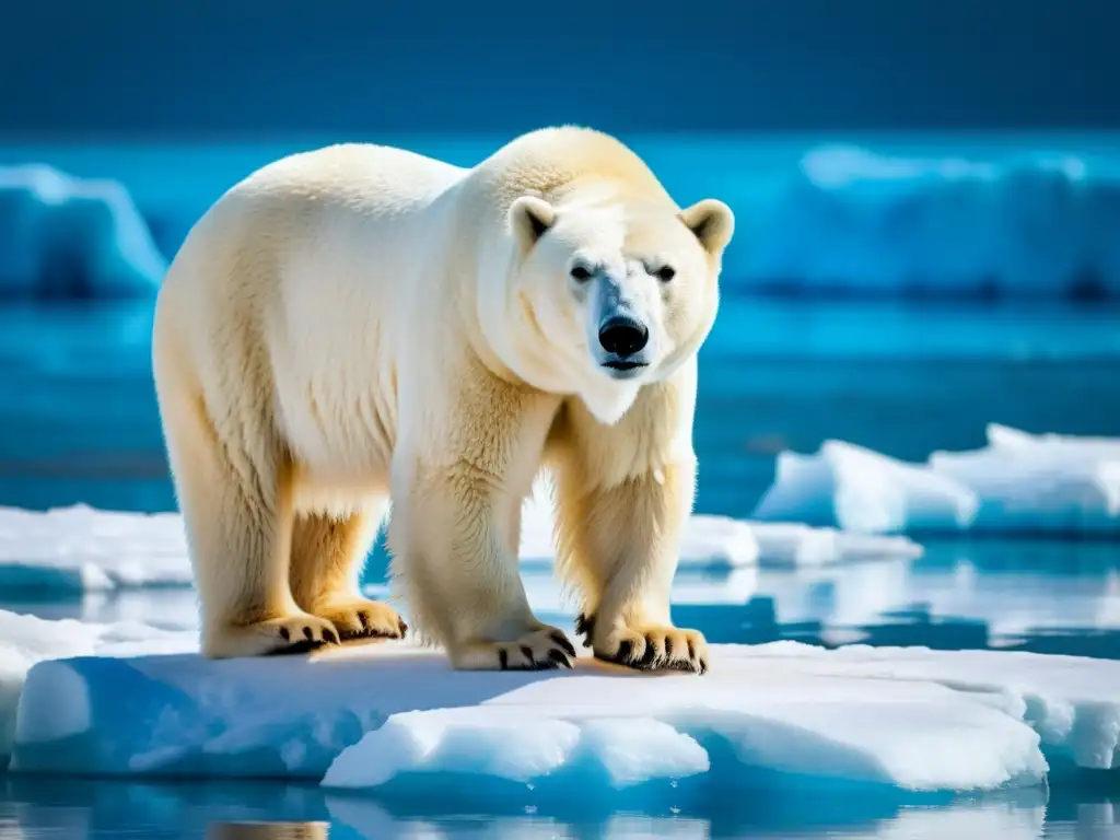 Un oso polar en una banquisa derretida, mirada vulnerable, impacto del cambio climático en especies en extinción