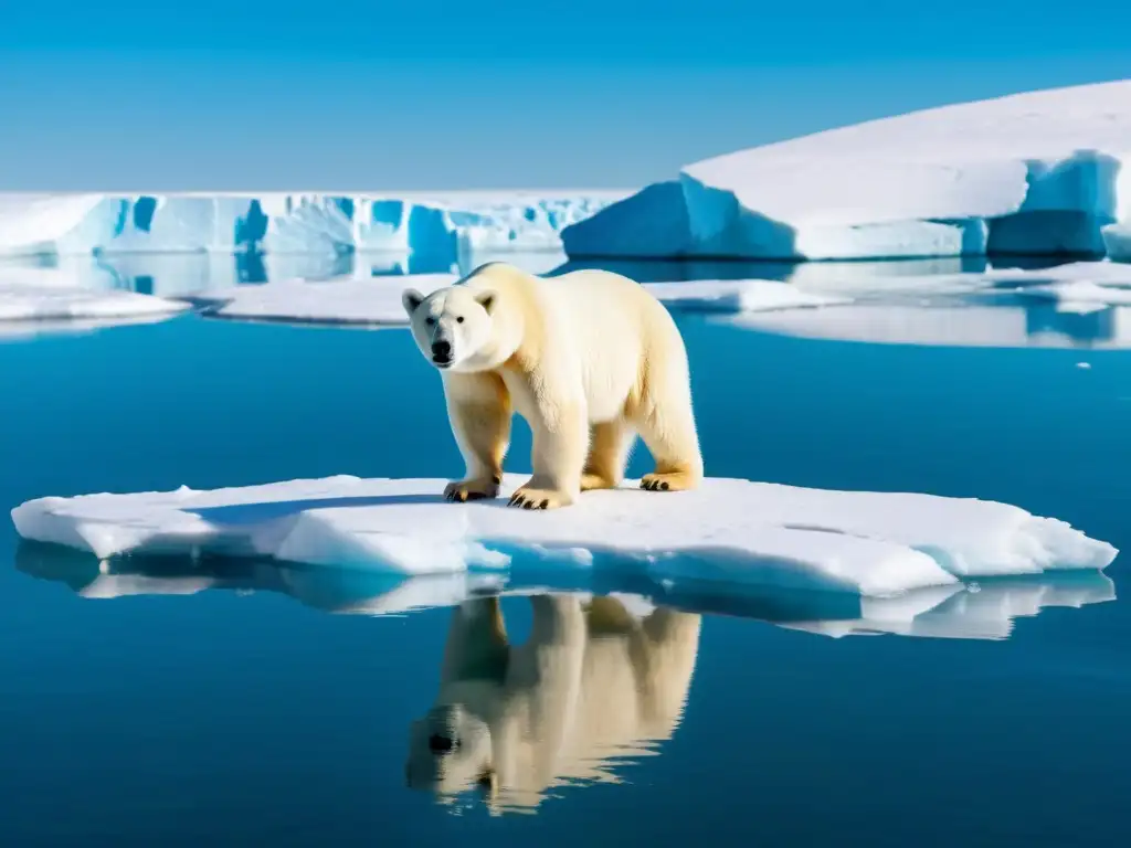 Un oso polar en una banquisa derretida, reflejando la vulnerabilidad del ecosistema ártico al impacto del deshielo