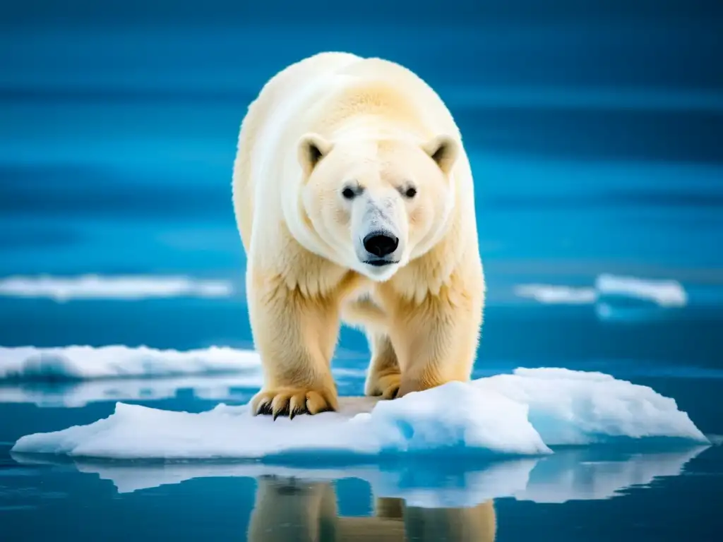 Un oso polar en una banquisa derretida, con expresión vulnerable