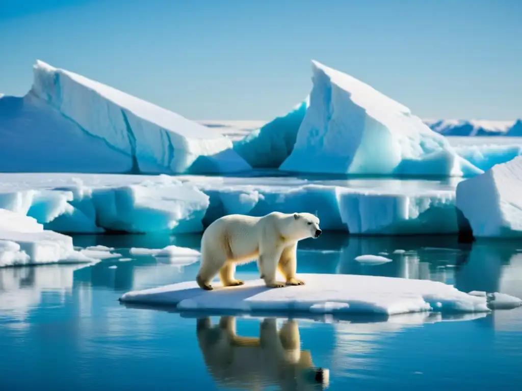 Un oso polar en un bloque de hielo derritiéndose, muestra el impacto de la pérdida de hábitats naturales en la vida salvaje