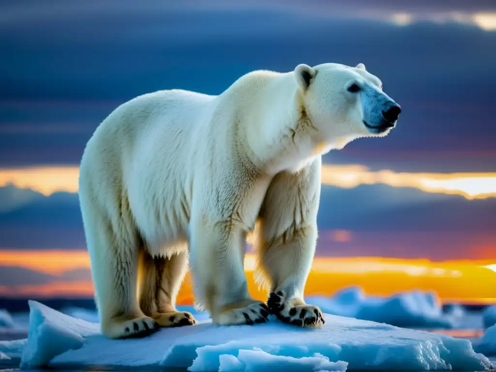 Un oso polar en un bloque de hielo derretido bajo un atardecer dramático, mostrando la resiliencia de los ecosistemas al cambio climático