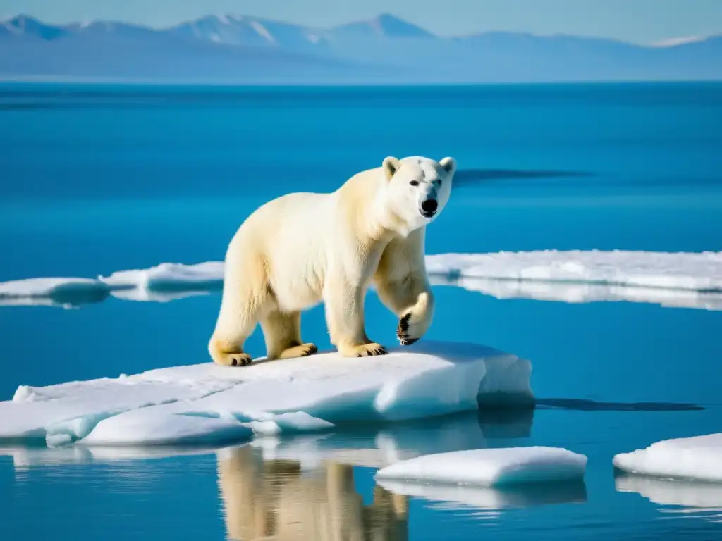 Un oso polar adaptándose al cambio climático, cazando peces en aguas abiertas con hielo derritiéndose al fondo