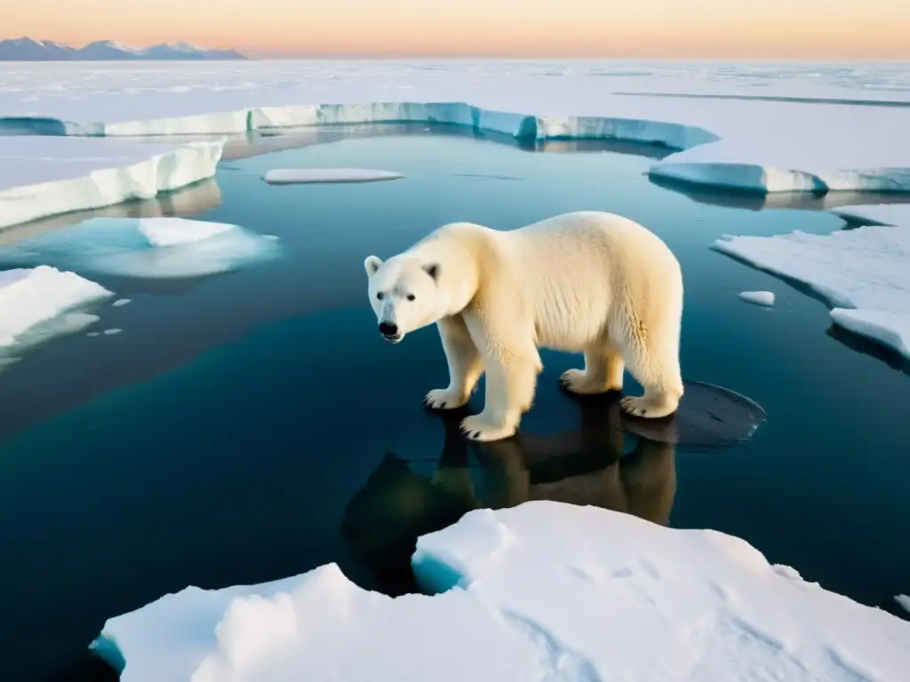 Un oso polar desesperado en un bloque de hielo derretido, reflejando el impacto del cambio climático en la fauna silvestre del Ártico