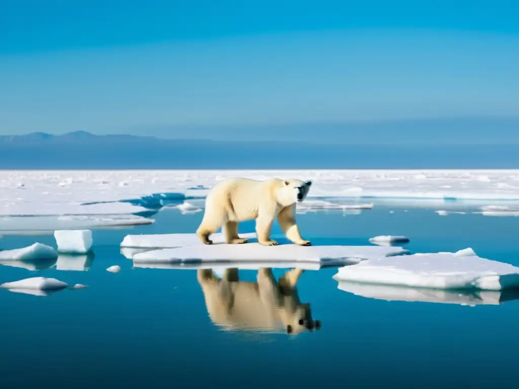 Oso polar desesperado en pequeño témpano de hielo, reflejando el impacto del cambio climático en las migraciones de animales