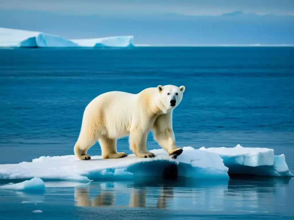 Un oso polar en deshielo, reflejando el impacto del cambio climático en su ciclo de vida y el de otras especies