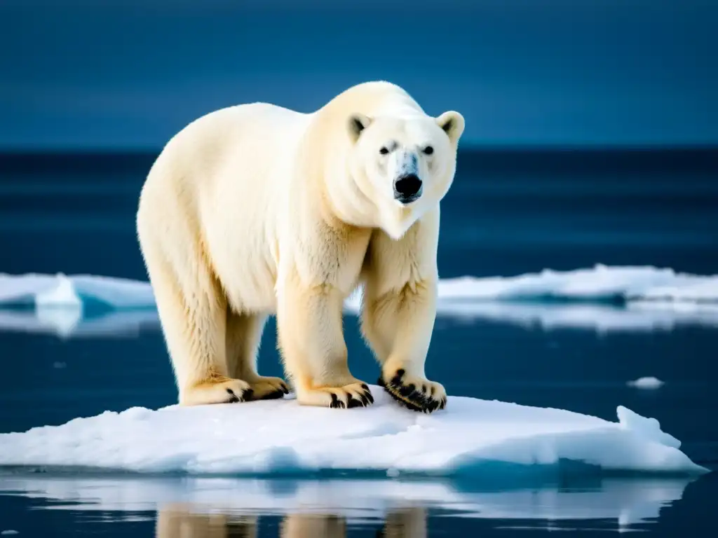 Un oso polar empapado en un témpano de hielo derritiéndose, transmitiendo urgencia y miedo