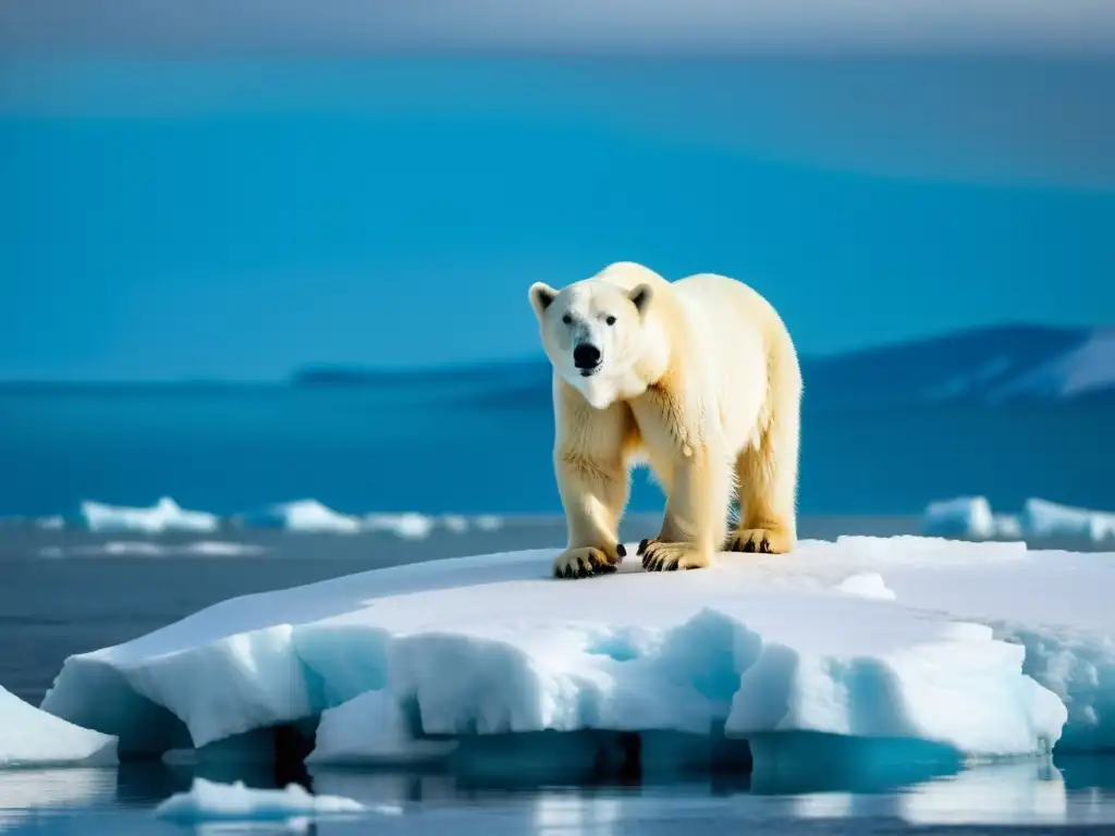 Un oso polar con expresión de dolor sobre un iceberg derritiéndose, representa la urgencia de documentar ecosistemas en riesgo