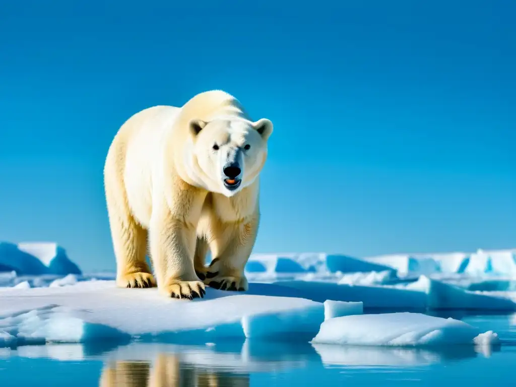 Un oso polar atravesando un glaciar derretido, con un paisaje helado de fondo y un cielo azul claro