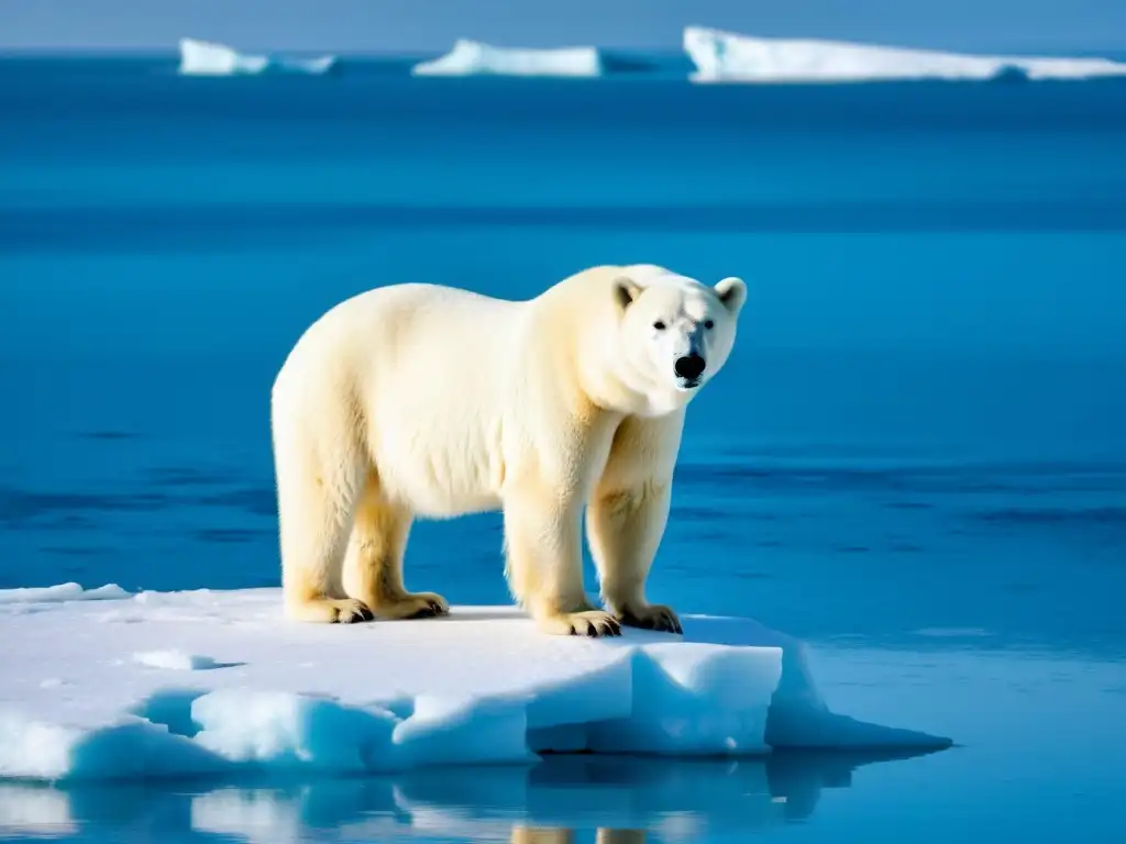 Un oso polar en hielo derretido en el Ártico, reflejando el impacto del cambio climático en ecosistemas