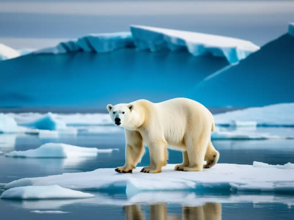 Un oso polar sobre hielo derretido en el Ártico, reflejando la urgencia del impacto del cambio climático en las migraciones animales