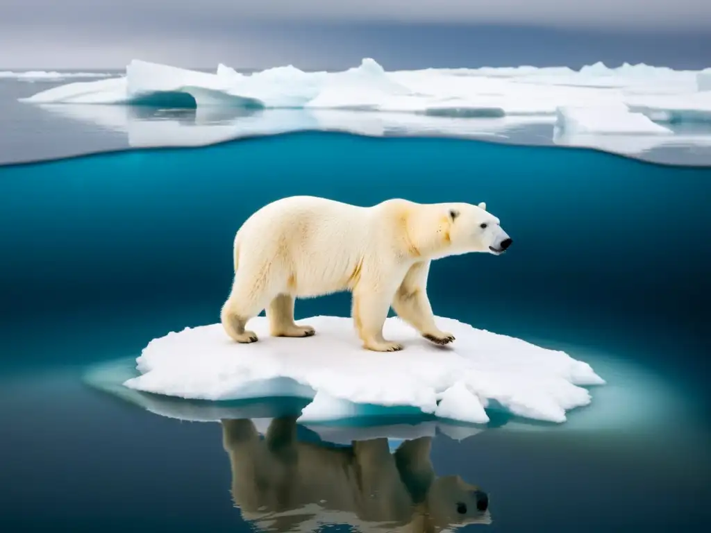 Oso polar en iceberg derretido, reflejo del impacto del cambio climático en especies en extinción