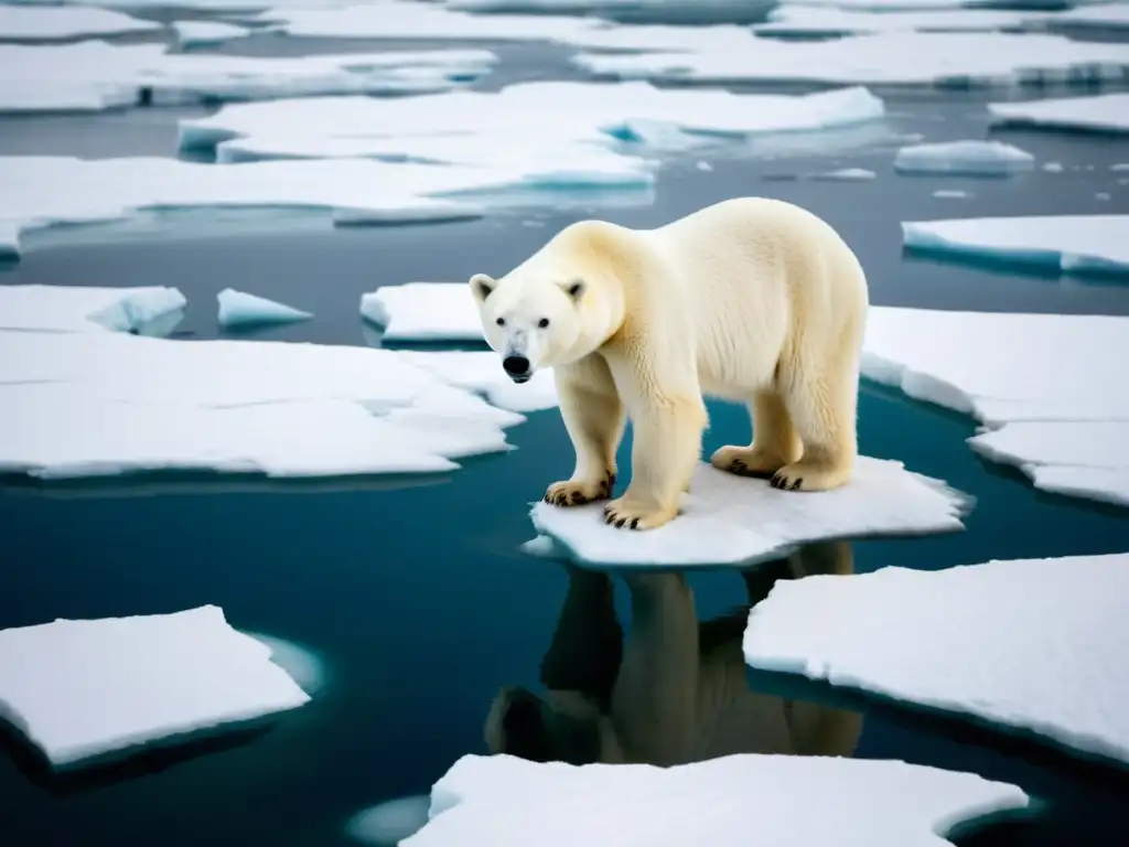 Un oso polar en un iceberg desolado, reflejando el impacto del desplazamiento de zonas climáticas por el cambio climático