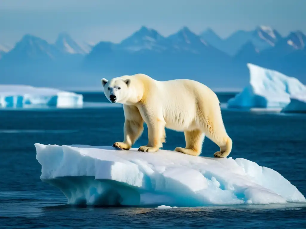 Un oso polar en un iceberg derritiéndose en el océano Ártico, reflejando el impacto del cambio climático en su hábitat natural