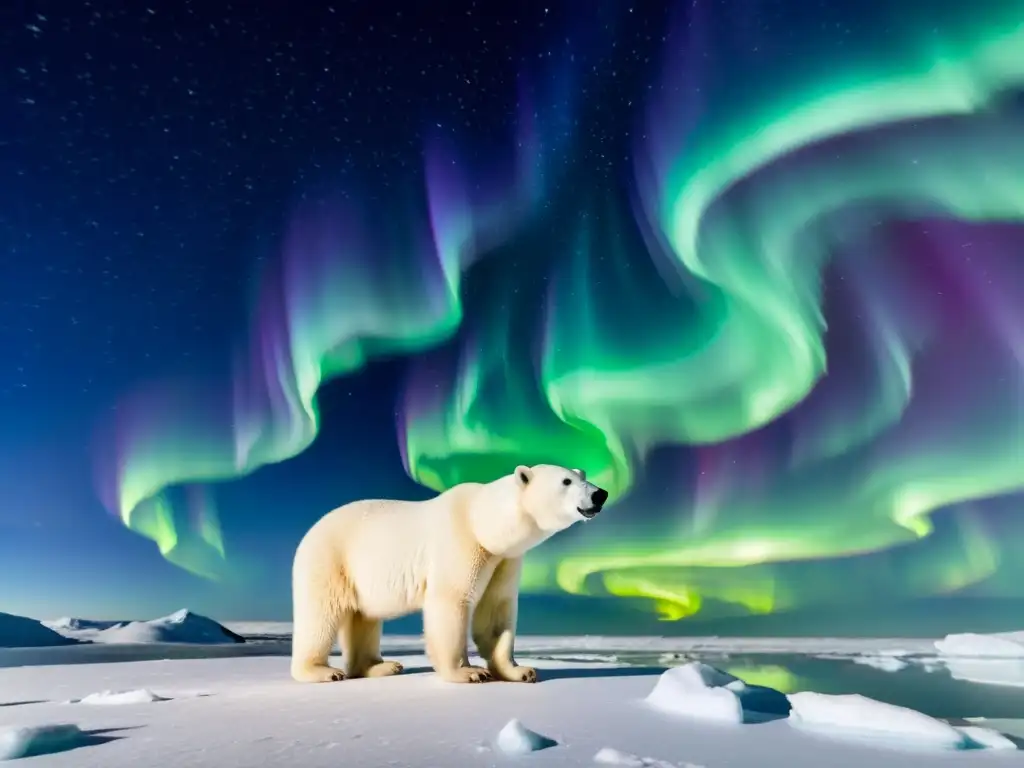 Un oso polar observa con intensidad el vasto paisaje helado bajo la aurora boreal