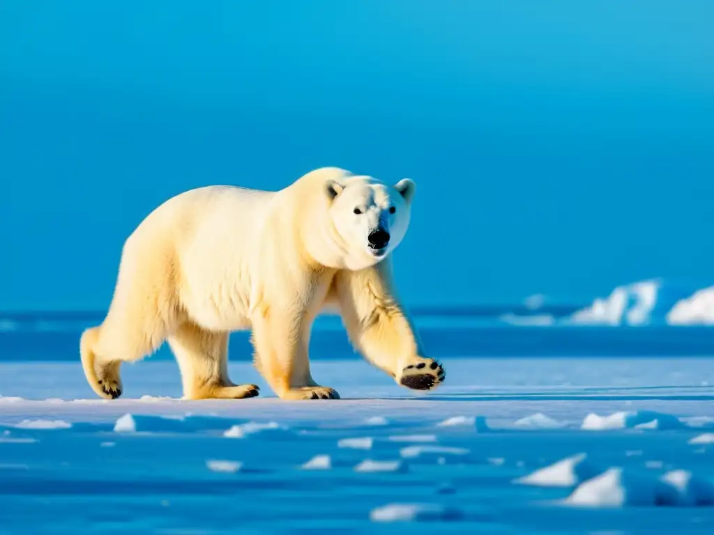 Un oso polar majestuoso en un paisaje helado, mostrando la transformación ecosistemas polares cambio climático