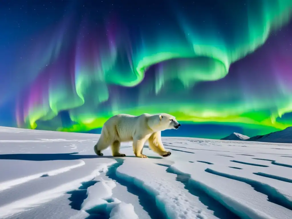 Un oso polar recorre un paisaje helado bajo la aurora boreal, resaltando la importancia de la capa de ozono en su hábitat único