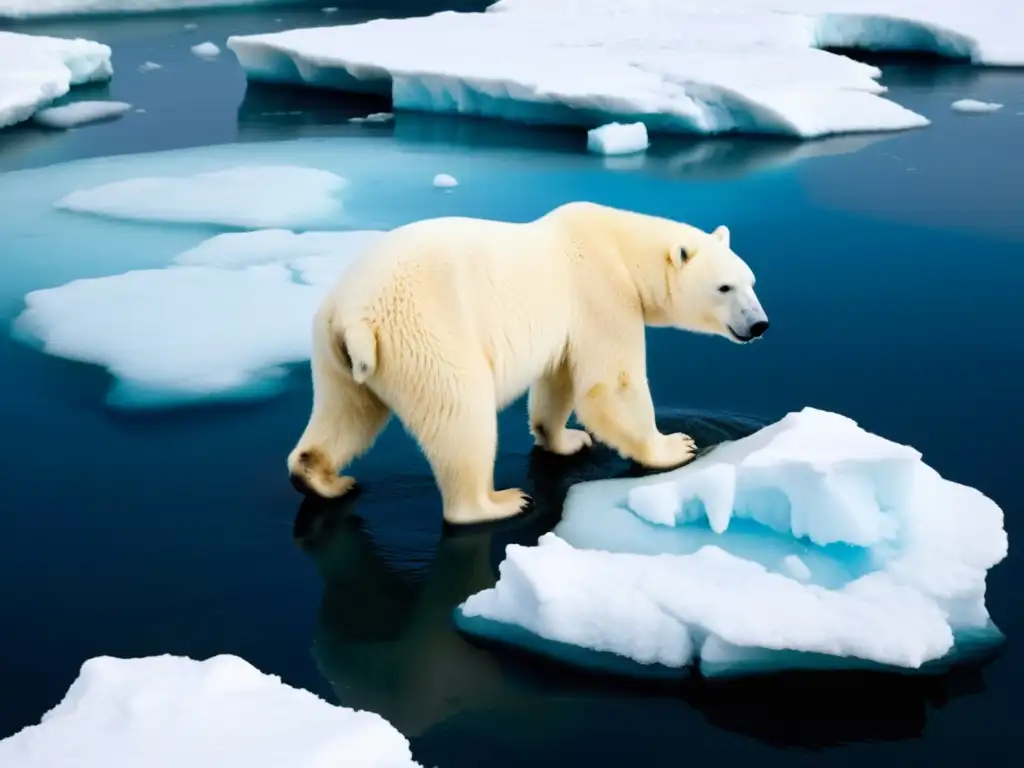 Un oso polar luchando en una pequeña banquisa derretida en el océano