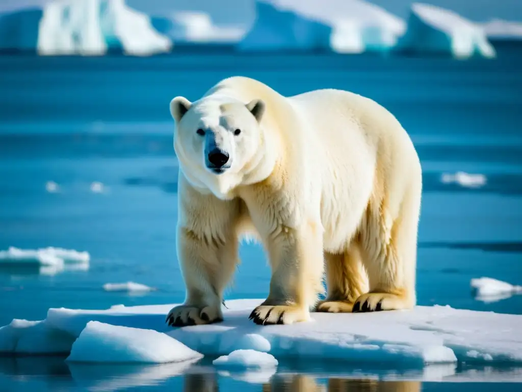 Un oso polar de pie en un bloque de hielo derretido, con el océano Ártico de fondo