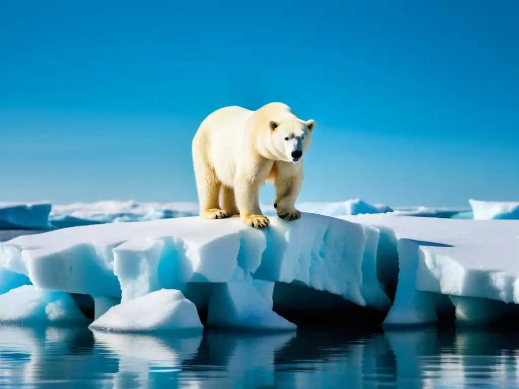 Un oso polar de pie en un iceberg derretido, reflejando la vastedad del paisaje ártico