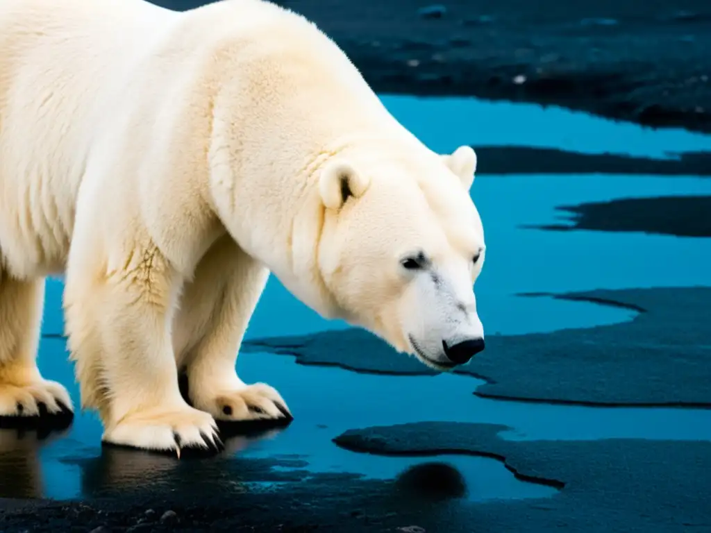 Un oso polar de pie sobre el permafrost derretido, con la mirada entre curiosa y preocupada