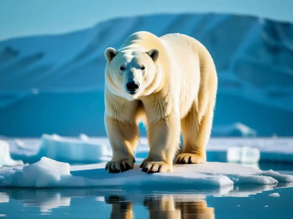 Un oso polar de pie sobre un témpano de hielo derritiéndose, con un brillo en su pelaje y expresión preocupada