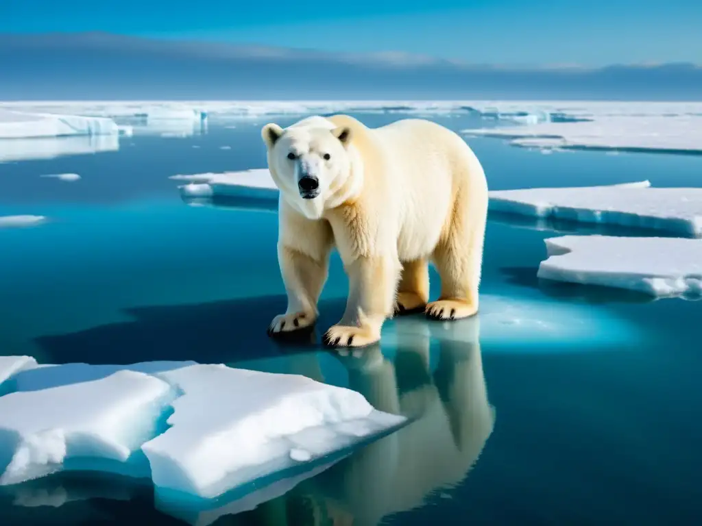 Un oso polar en una placa de hielo derretido, reflejando el desafío comunicativo cambio climático en el Ártico