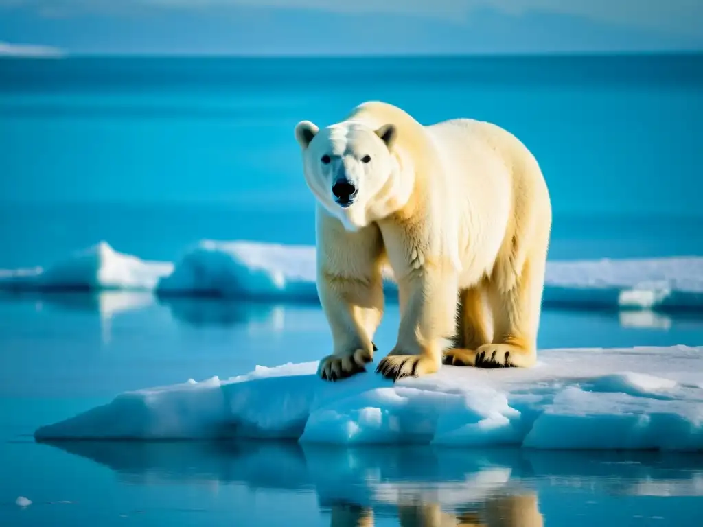 Un oso polar solitario contempla el derretimiento del hielo en el Ártico, evocando la urgencia por el impacto del cambio climático en las especies