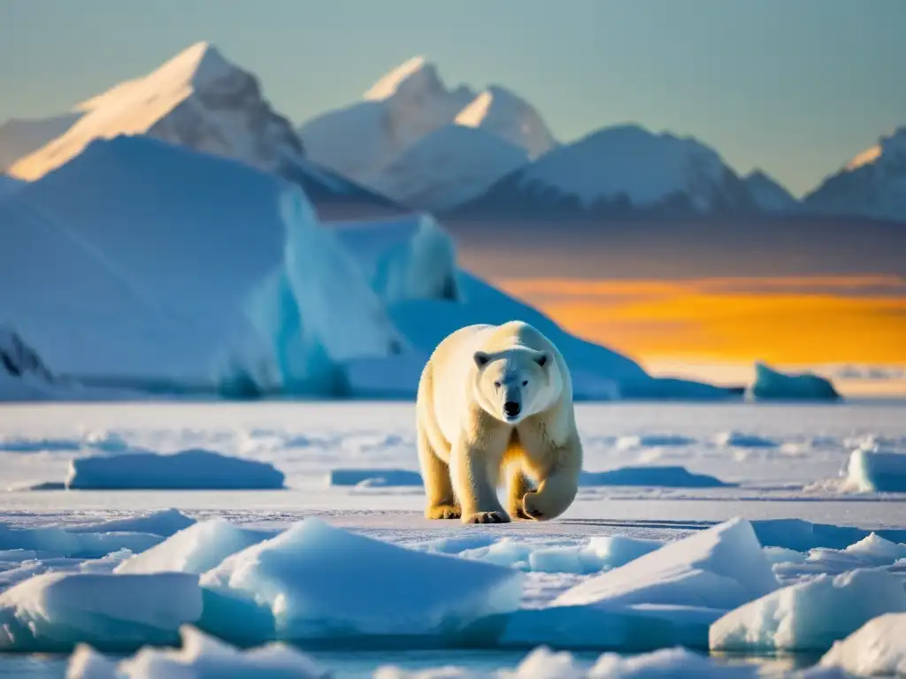 Un oso polar solitario en un paisaje helado, deslumbrado por el cálido brillo del sol poniente